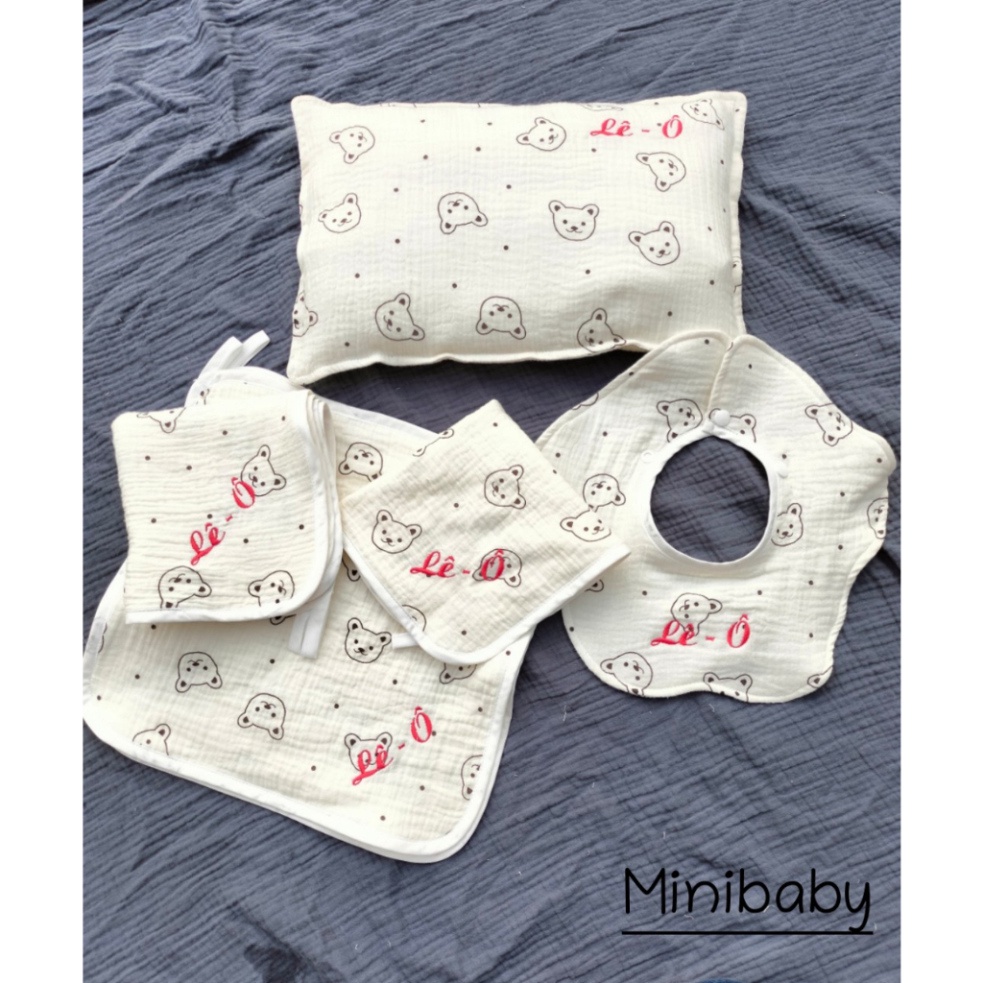 Gối Thêu Tên Bé Theo Yêu Cầu, Gối Trẻ Em vải Xô Muslin nhiều họa tiết xinh xắn, kt 30x40