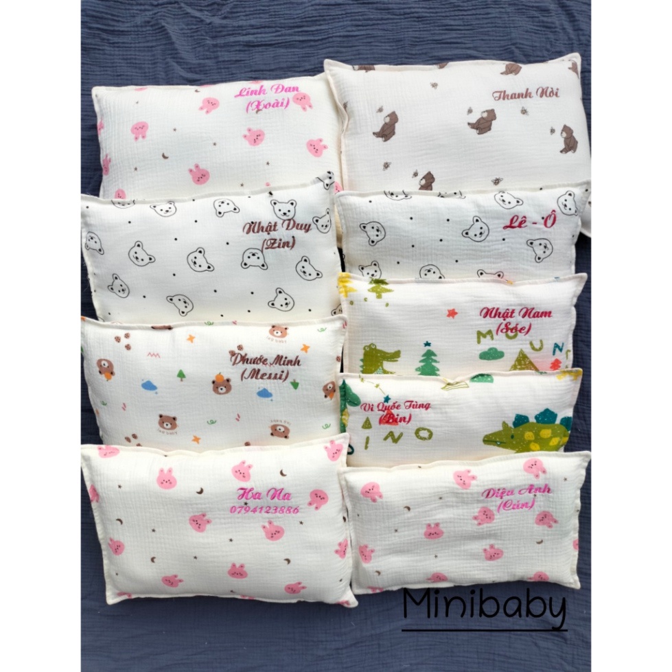 Gối Thêu Tên Bé Theo Yêu Cầu, Gối Trẻ Em vải Xô Muslin nhiều họa tiết xinh xắn, kt 30x40