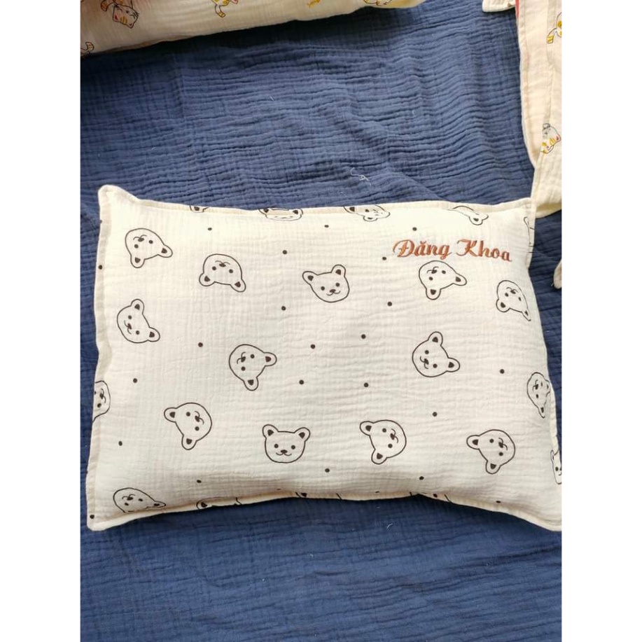 Gối Thêu Tên Bé Theo Yêu Cầu, Gối Trẻ Em vải Xô Muslin nhiều họa tiết xinh xắn, kt 30x40