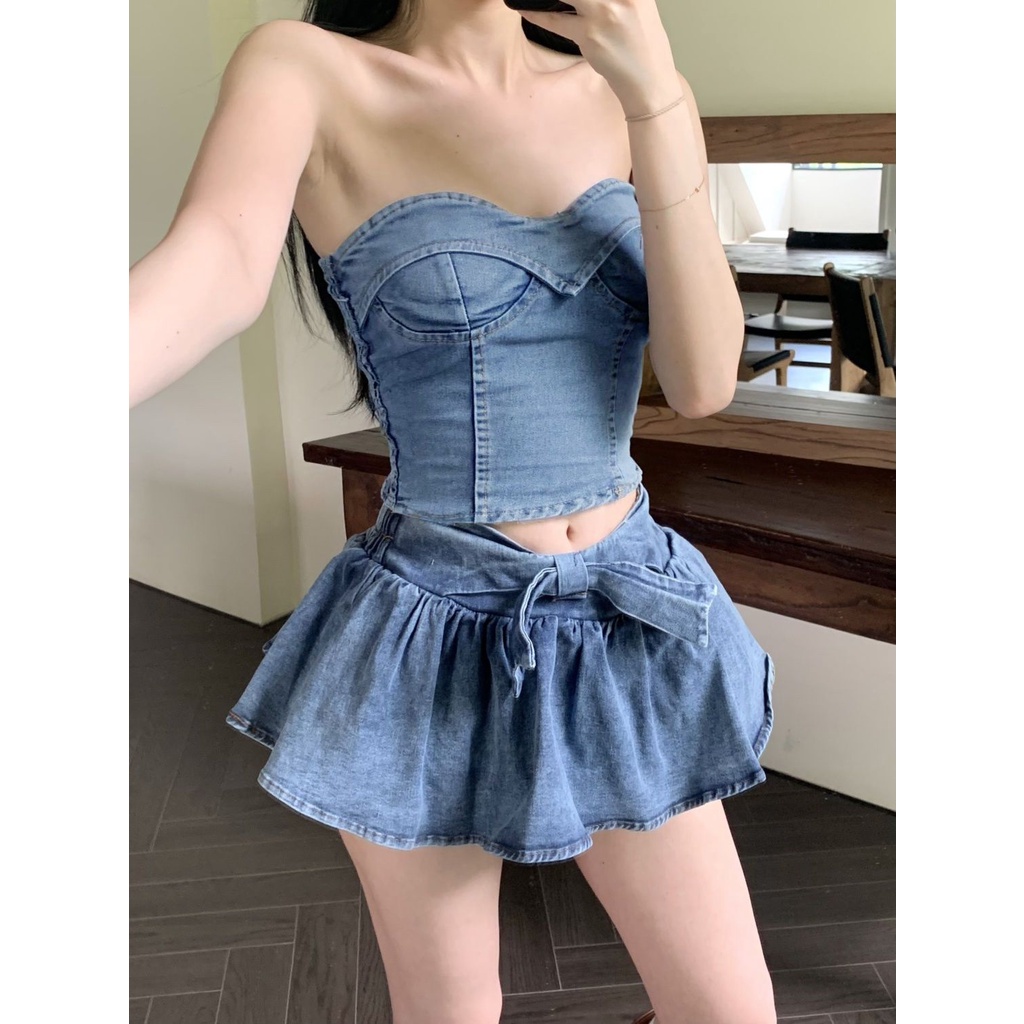 Jiashucheng Áo Ống Ngắn Ôm Dáng Phong Cách denim retro Mùa Hè Mới Cho Nữ