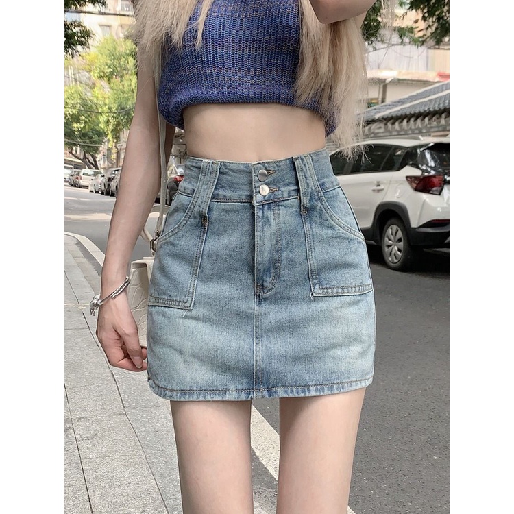 Jiashucheng Chân Váy denim Lưng Cao Dáng Chữ a Phong Cách Thời Trang Mùa Hè 2023 Mới