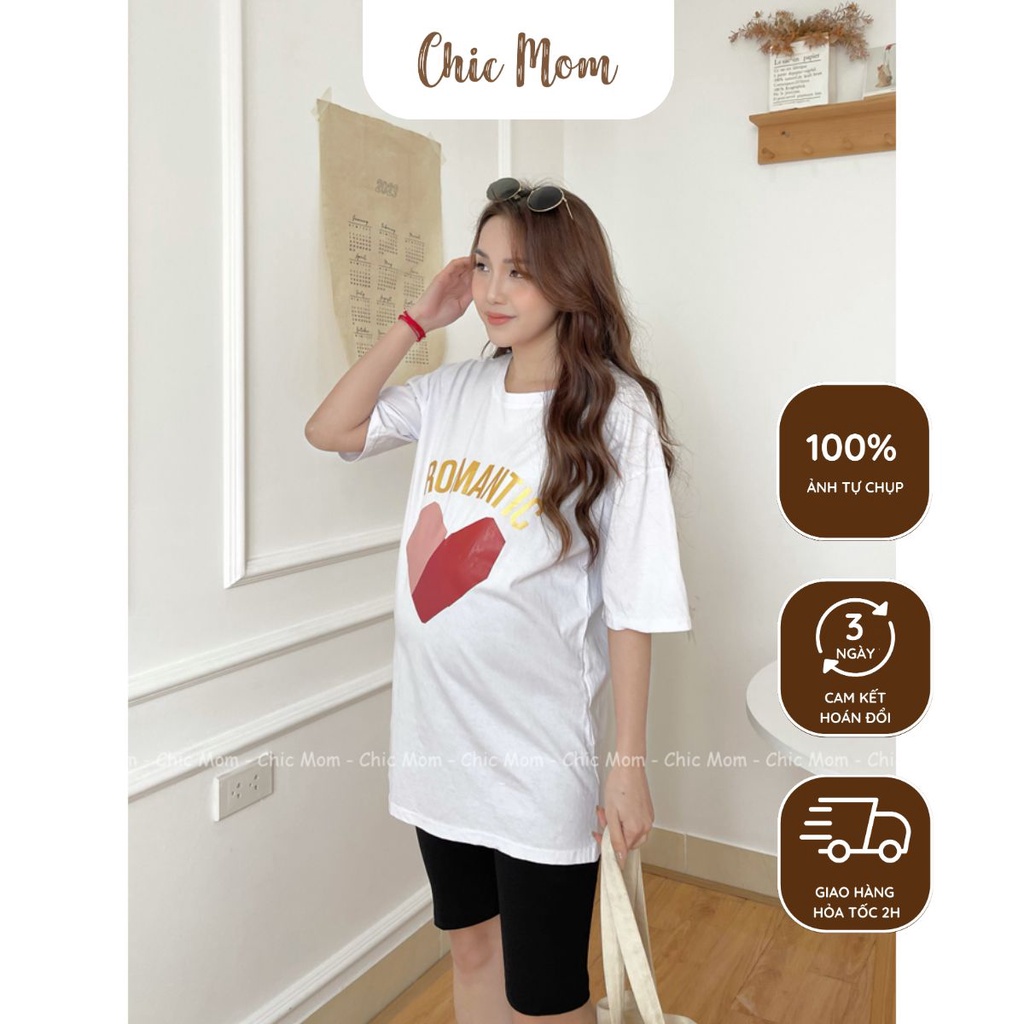 Áo thun bầu nữ dáng dài form rộng pull trái tim freesize từ 50-70kg chất cotton mềm mịn thấm hút tốt ĐẦM BẦU CHICMOM