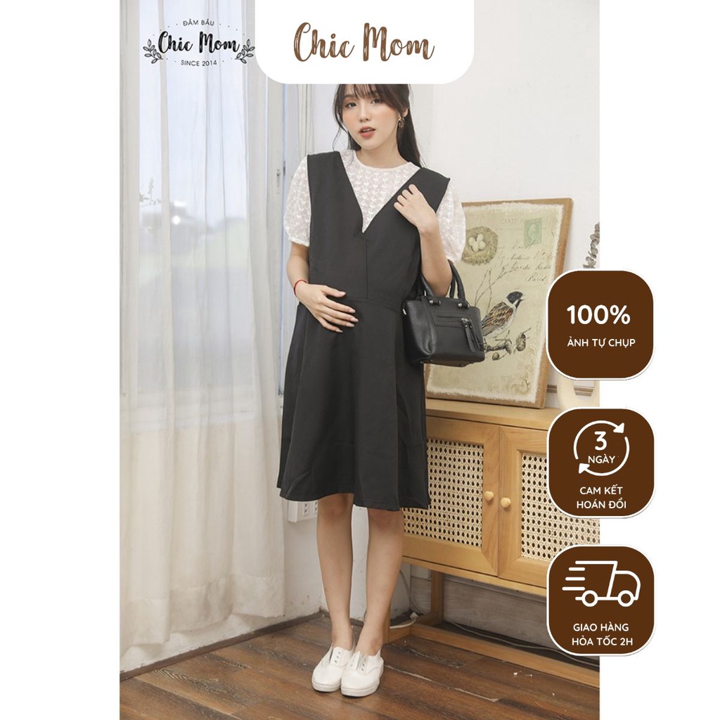 Váy bầu yếm nữ xinh đầm yếm bầu công sở đen áo ren trắng freesize tới 60kg ĐẦM BẦU CHIC MOM