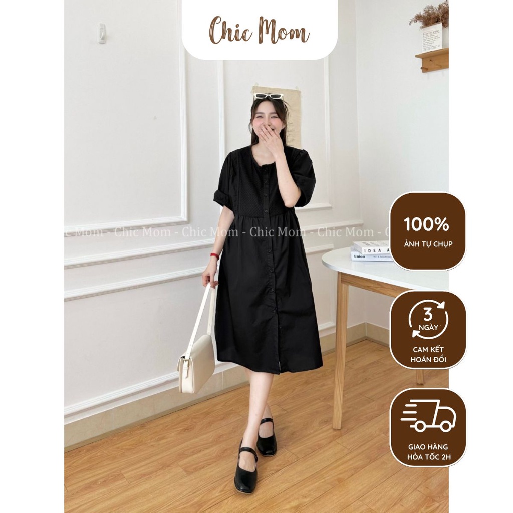 Váy bầu sơ mi nữ xinh đầm bầu công sở dáng dài freesize 50- 75kg tay lỡ cổ V thêu họa tiết ĐẦM BẦU CHIC MOM