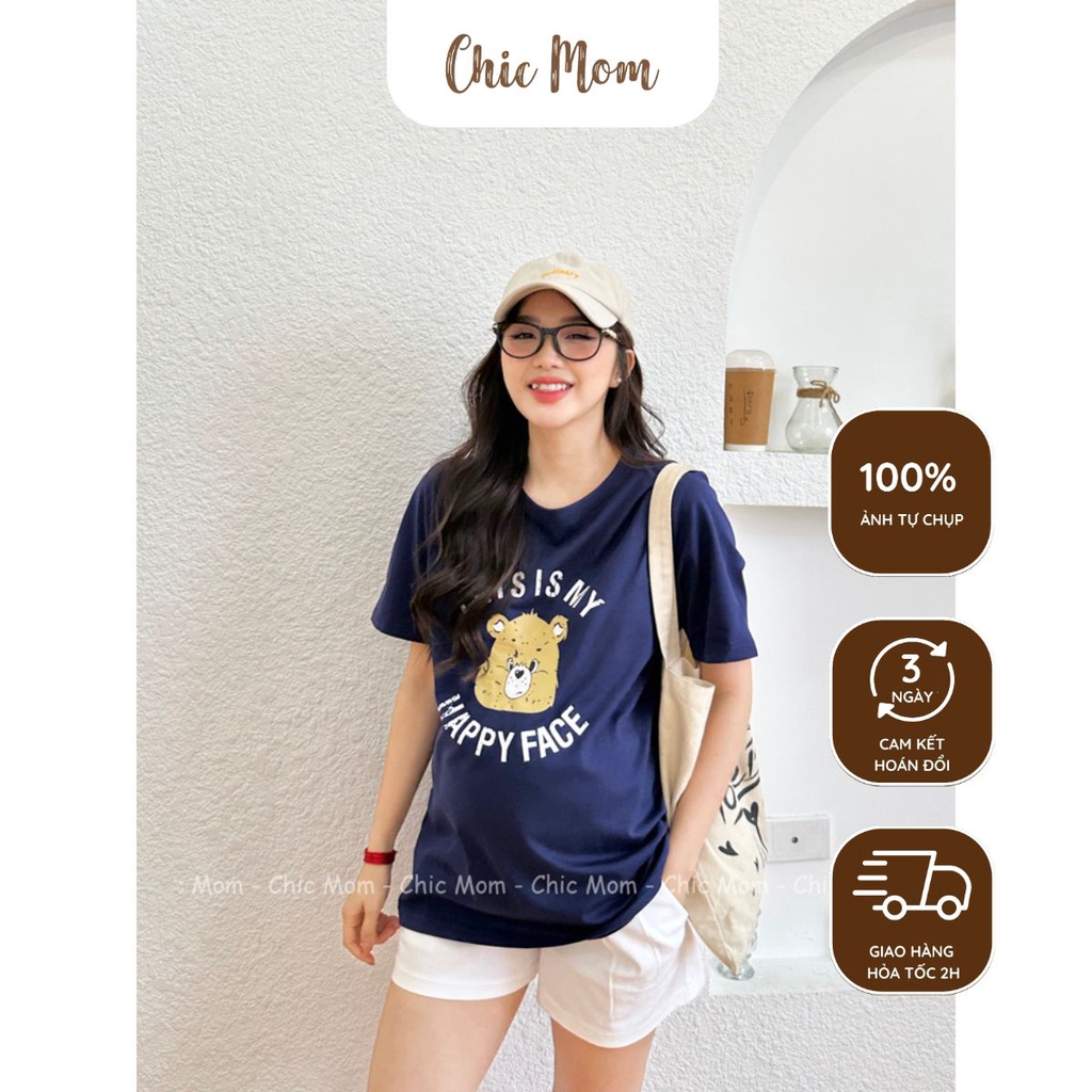 Áo thun bầu nữ dáng rộng pull con gấu freesize từ 50-75kg chất cotton mềm mịn thấm hút tốt ĐẦM BẦU CHICMOM