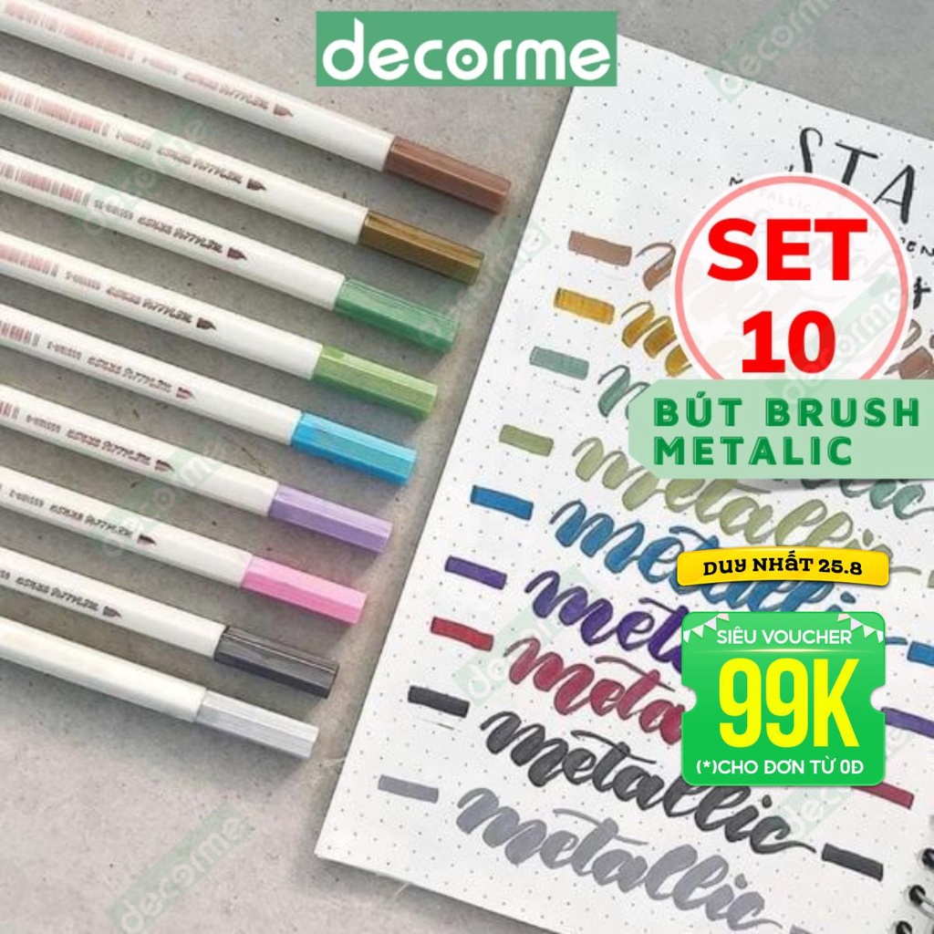 Bút brush metalic DecorMe bút viết calligraphy ngòi soft brush sign pen bộ 10 12 bút phụ kiện văn phòng phẩm