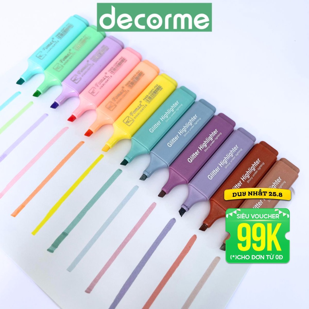 Bút nhớ pastel Decorme bút highlight pastel nhũ đánh dấu nhớ dòng dạ quang nhiều màu tiện dụng cho học sinh, văn phòng