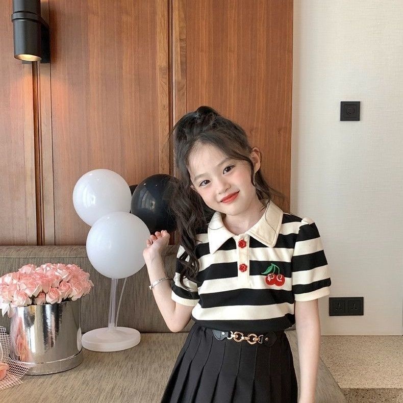 Xinxin ~ Áo Thun polo Cỡ Vừa Thêu Họa Tiết Kẻ Sọc Màu Tương Phản Phong Cách Mùa Hè Cho Nữ
