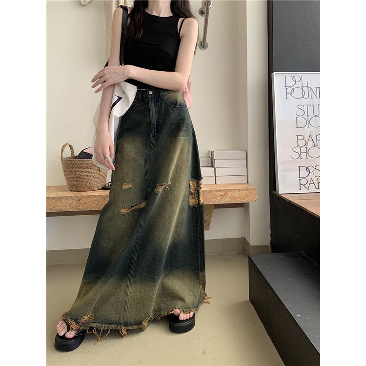Chân Váy Jeans Dài Lưng Cao Thời Trang Hàn Cho Nữ