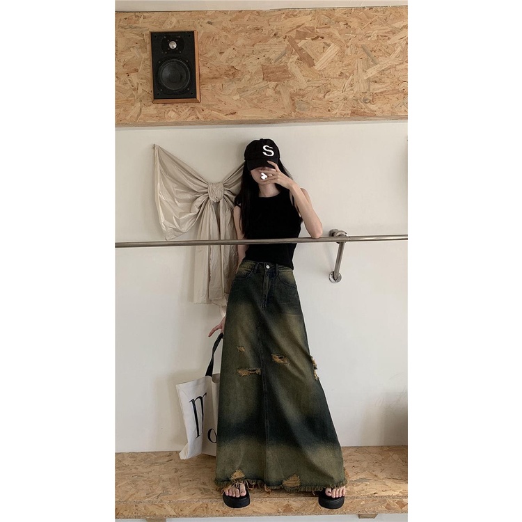 Chân Váy Jeans Dài Lưng Cao Thời Trang Hàn Cho Nữ