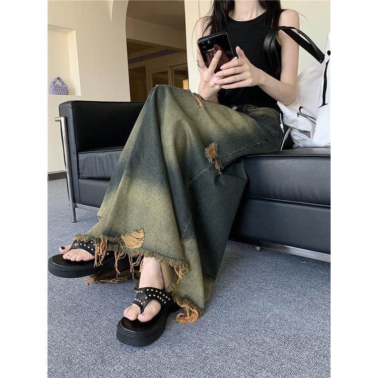 Chân Váy Jeans Dài Lưng Cao Thời Trang Hàn Cho Nữ