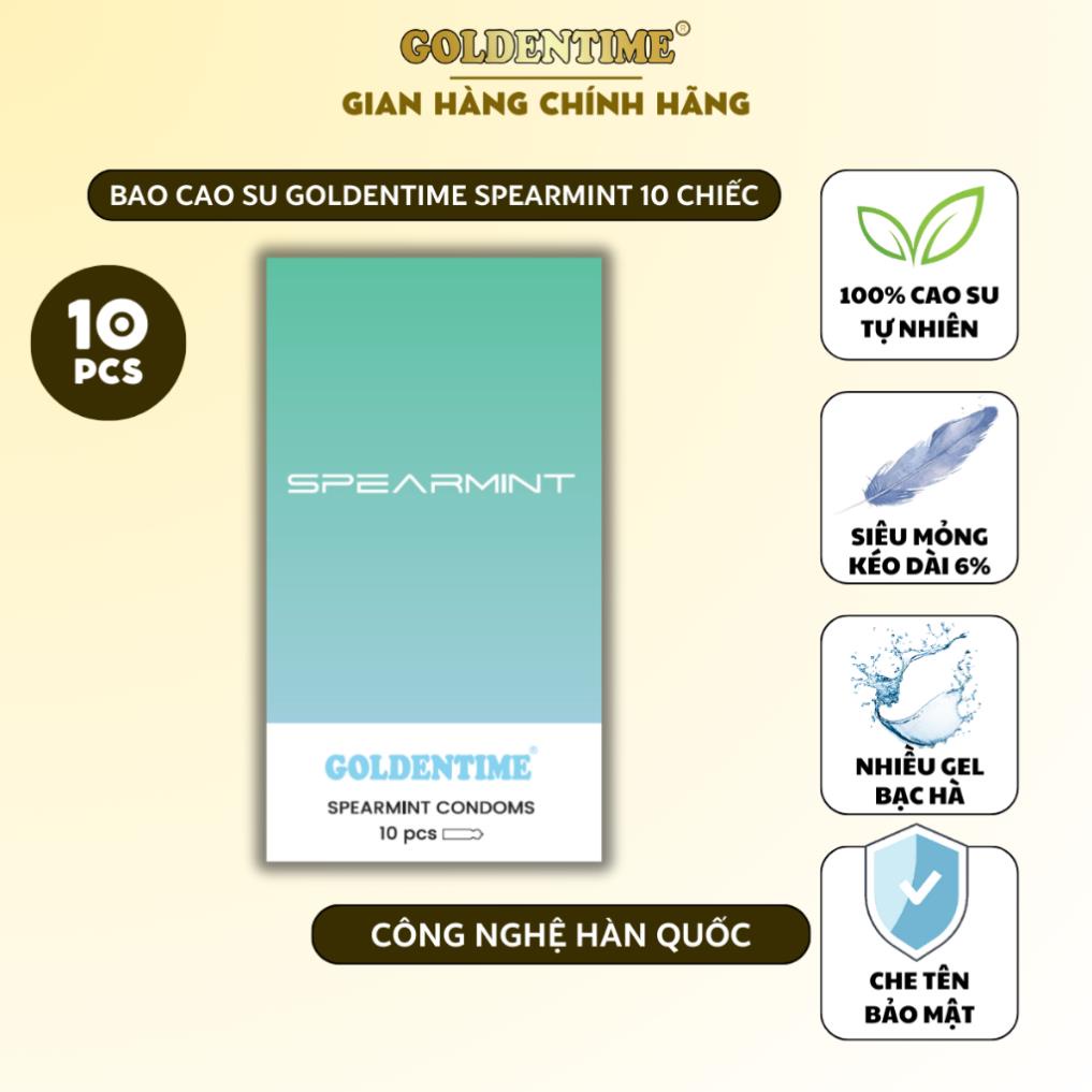 Bao cao su Siêu mỏng GOLDENTIME Spearmint Cổ thắt Nhiều gel Kéo dài thời gian Hương bạc hà Size 52mm