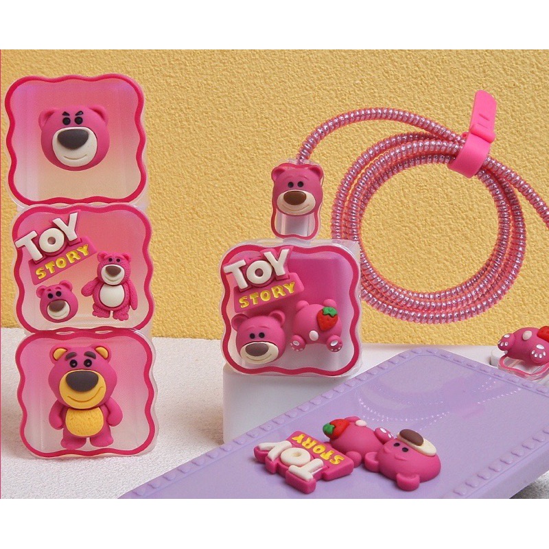 Bộ phụ kiện bảo vệ cáp và củ sạc cho iphone PD 18/20w nhiều hình gấu dâu siêu dễ thương hot trend