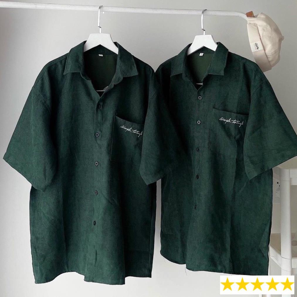 Áo Sơ Mi Nhung Gân Nam Nữ màu xanh rêu form rộng Thêu chữ SIMPLE THINGS ( hàng đặt may) - Unisex Sỉ Lẻ Toàn Quốc