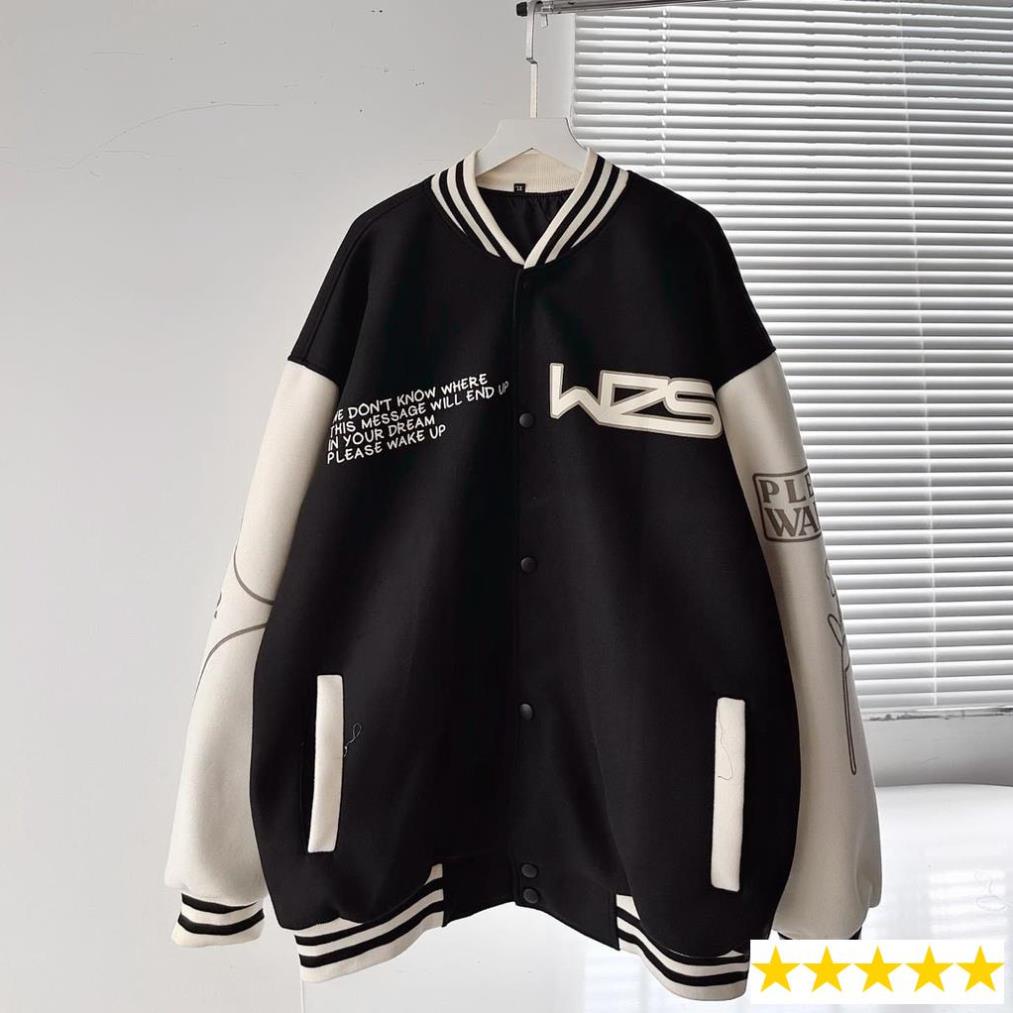 ÁO KHOÁC BOMBER VẢI NỈ DẠ LÓT DÙ MÀU ĐEN PHỐI TRẮNG WZS form rộng khoác ngoài nam - Unisex Sỉ Lẻ Toàn Quốc