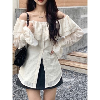 Áo trễ vai phối bèo tay dài, áo sơ mi kiểu nữ dài tay trễ vai siêu nữ tính, áo trễ vai cộc tay -o'hana a060