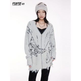 Áo Khoác cardigan Dệt Kim Phối Lông Chồn Giả Cao Cấp In Họa Tiết retro Mỹ