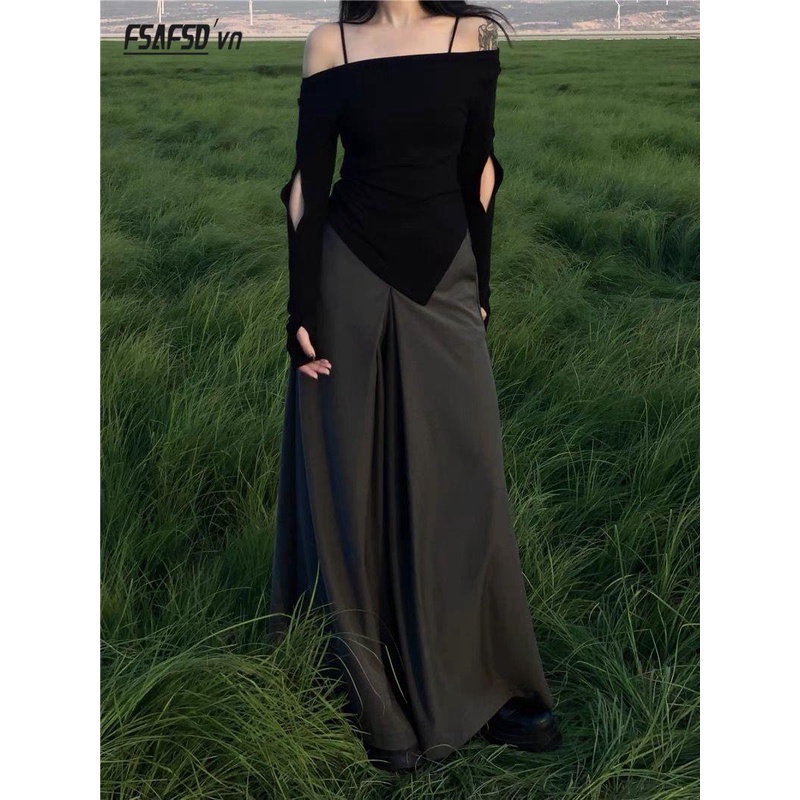 Áo Thun Tay Dài Trễ Vai Dáng Ôm Thời Trang Mùa Thu Cho Nữ ar