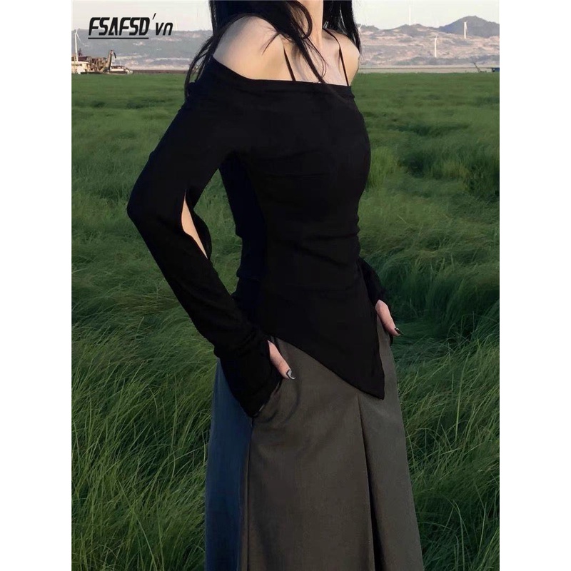 Áo Thun Tay Dài Trễ Vai Dáng Ôm Thời Trang Mùa Thu Cho Nữ ar