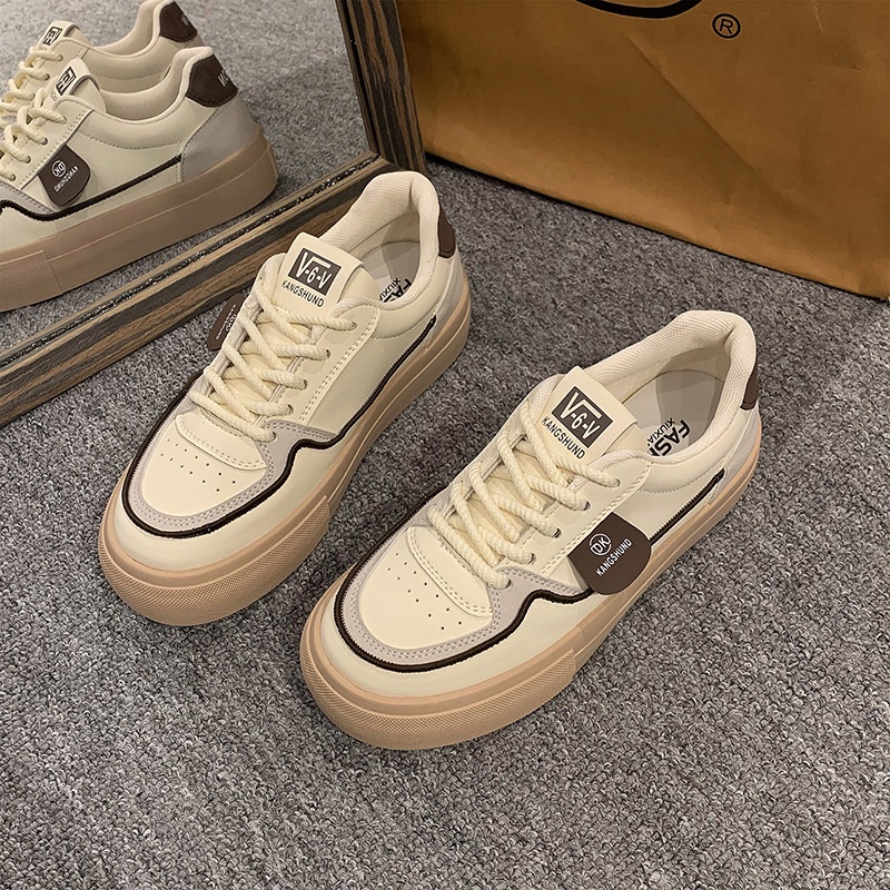 Giày thể thao sneaker nữ V6 đế 5cm, chất da lì phối viền nâu Full Box