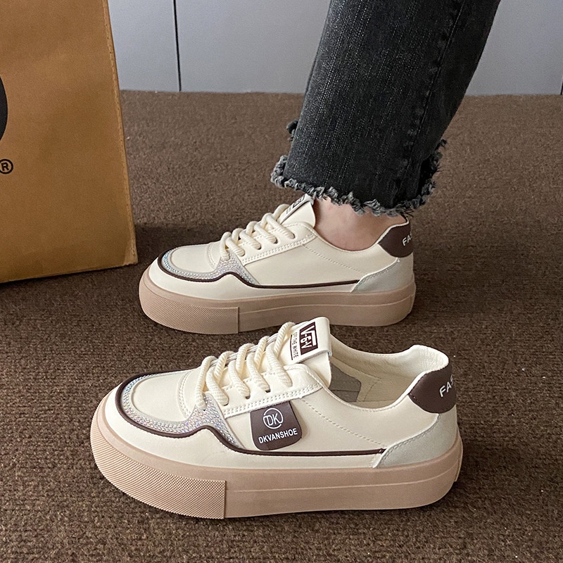 Giày thể thao sneaker nữ V6 đế 5cm, chất da lì phối viền nâu Full Box