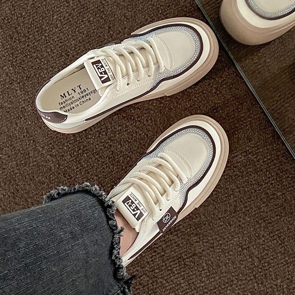 Giày thể thao sneaker nữ V6 đế 5cm, chất da lì phối viền nâu Full Box