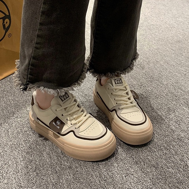 Giày thể thao sneaker nữ V6 đế 5cm, chất da lì phối viền nâu Full Box