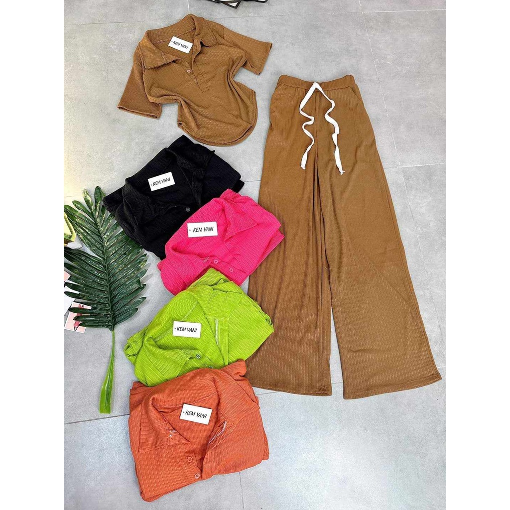 Đồ bộ nữ, set đồ bộ quần ống rộng đai cao kèm áo croptop ngắn tay cổ sơ mi lai bầu có nút vải gân tăm, bộ đồ mặc nhà