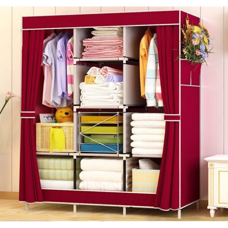 Tủ vải khung thép 3 buồng 8 ngăn trơn loại lớn 170 cm x 40 cm x 130 cm - Tủ Quần Áo Kích Thước Lớn Tiện Lợi