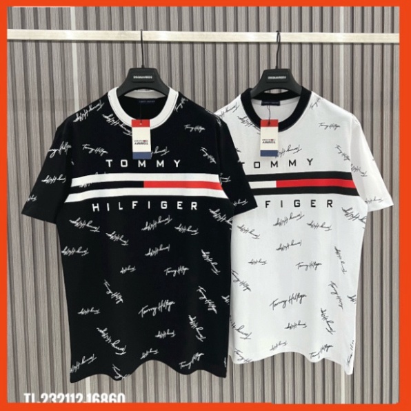 Áo Phông Nam Nữ Tommy_Hilfiger in vạch sọc đen trắng. Áo Thun Tommy In Chữ Ký Quanh Áo Chữ To Chạy Chéo Siêu Hot 2023