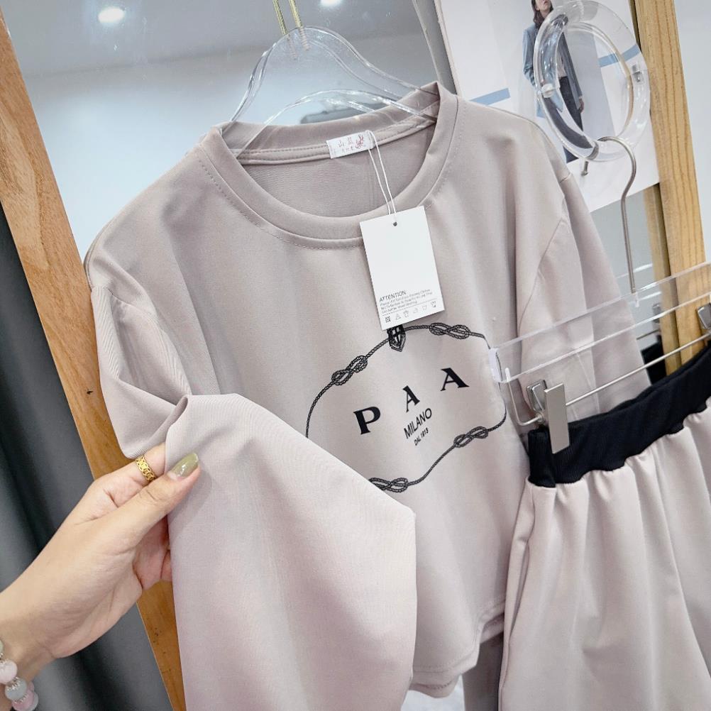 Set Bộ Đùi Nữ Áo Croptop Dài Tay In Chữ PAA Tay Bo Mix Quần Sooc Đùi Ống Rộng Bo Cạp Đen