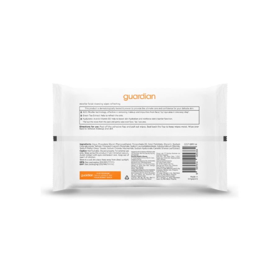 Khăn Ướt Tẩy Trang Tươi Mát Guardian Micellar Facial Cleansing Wipes Refreshing 10 Miếng