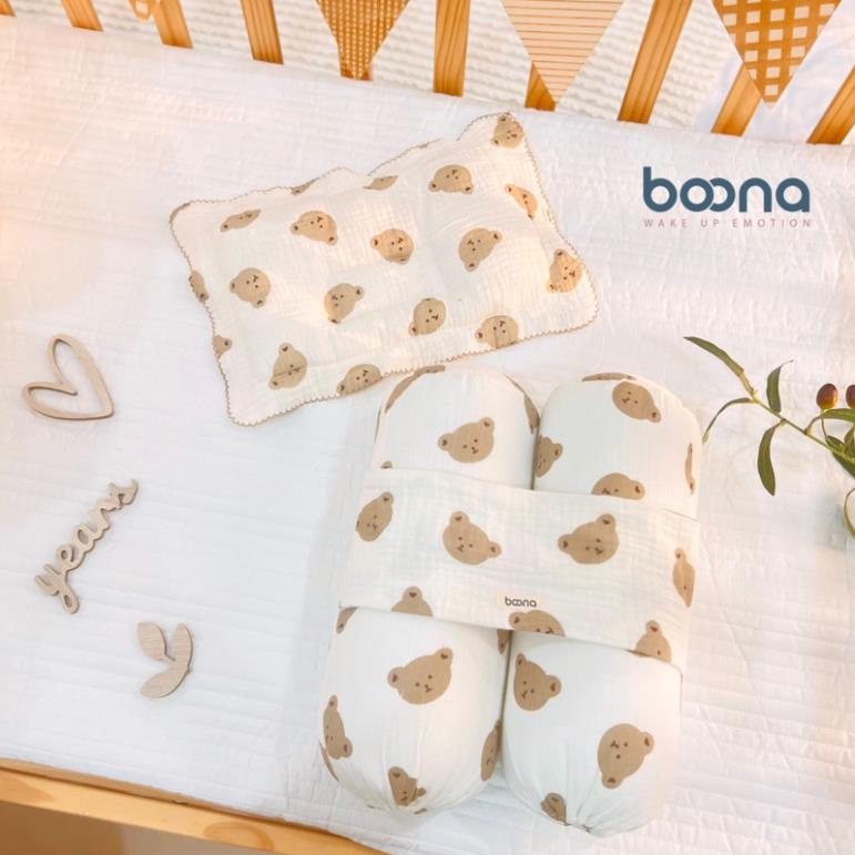 Gối chặn cho bé sơ sinh Boona bông cao cấp, vỏ Muslin mềm mại, thoáng khí shop BECON