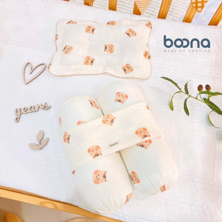 Gối chặn cho bé sơ sinh Boona bông cao cấp, vỏ Muslin mềm mại, thoáng khí shop BECON
