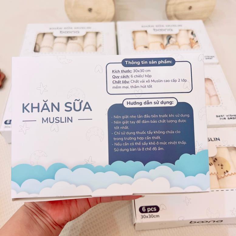 Khăn sữa cho bé Boona Muslin mềm mại, thấm hút tốt shop BECON hộp 6 khăn