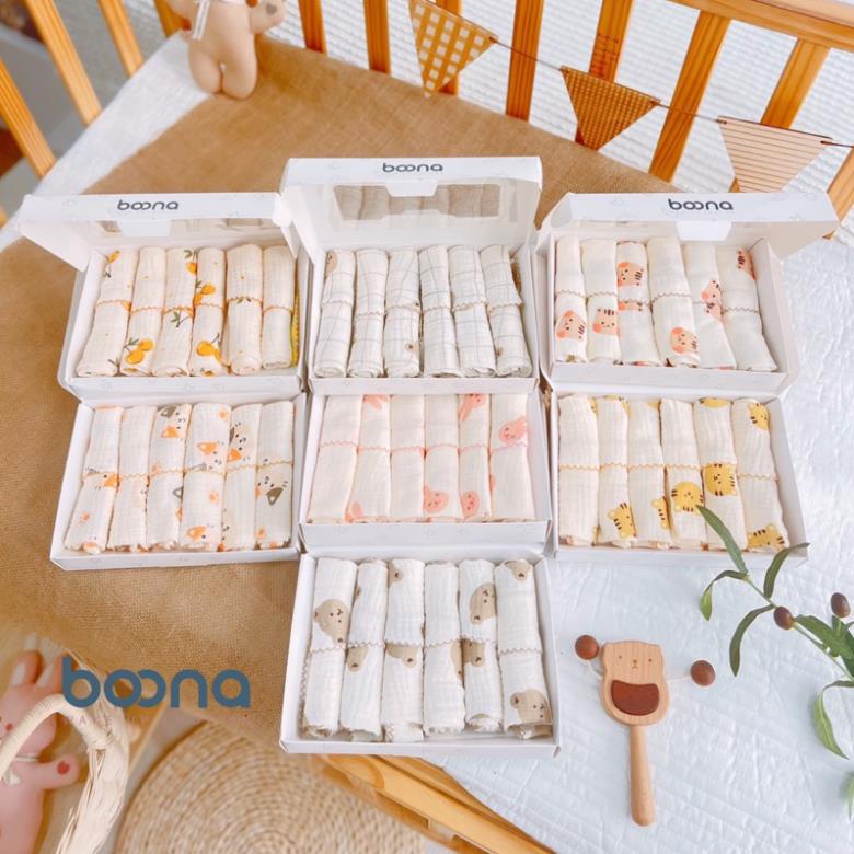 Khăn sữa cho bé Boona Muslin mềm mại, thấm hút tốt shop BECON hộp 6 khăn