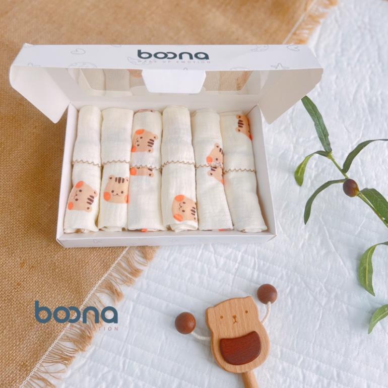 Khăn sữa cho bé Boona Muslin mềm mại, thấm hút tốt shop BECON hộp 6 khăn
