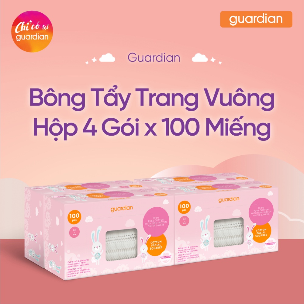 Bông Tẩy Trang Vuông Hộp Guardian 4 Hộp x 100 Miếng