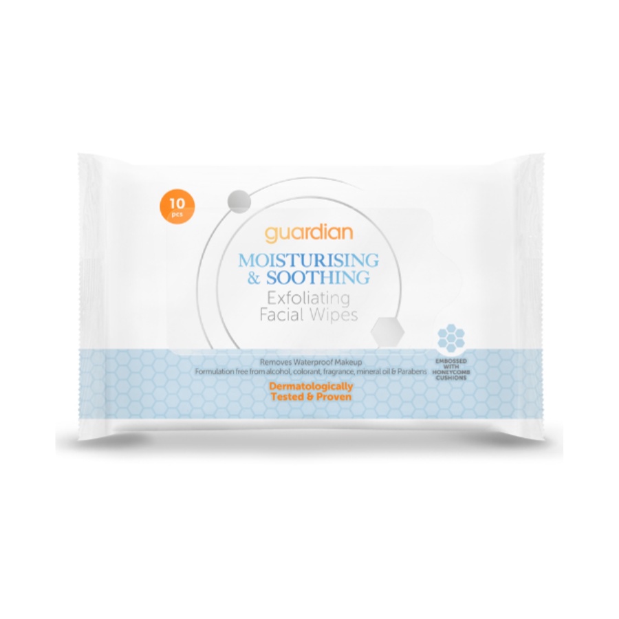 Khăn Ướt Tẩy Trang TẩyTế Bào Chết Guardian Exfoliating Facial Wipes Moisturising & Soothing 10 Miếng