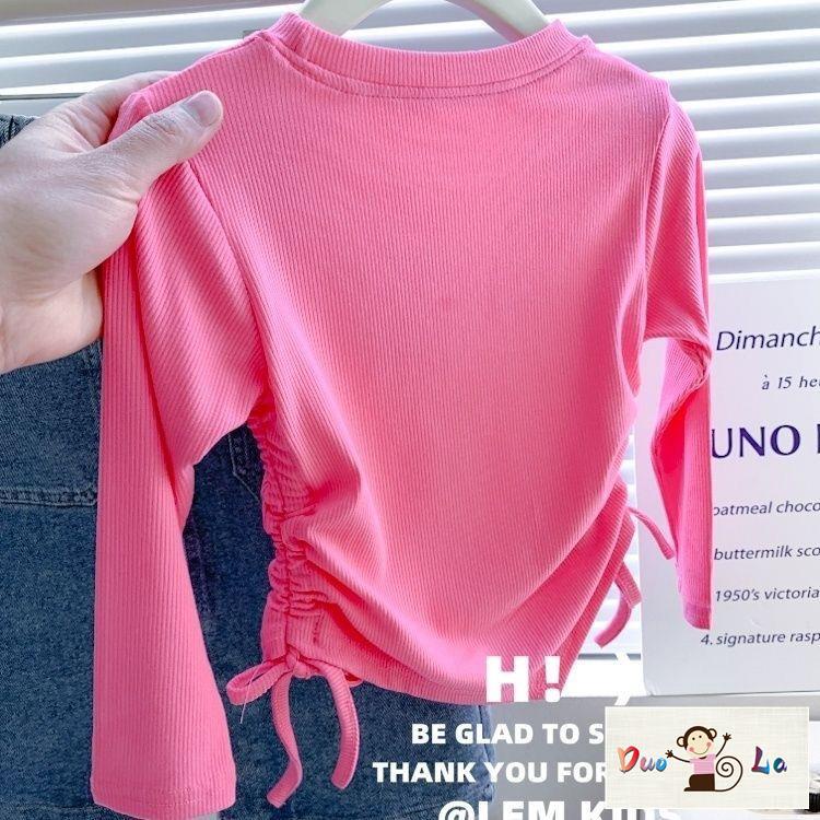 Doula Áo Thun Tay Dài Co Giãn In Chữ Hai Mặt Phối Dây Rút Thời Trang Hàn Quốc 2023 Cho Bé Gái