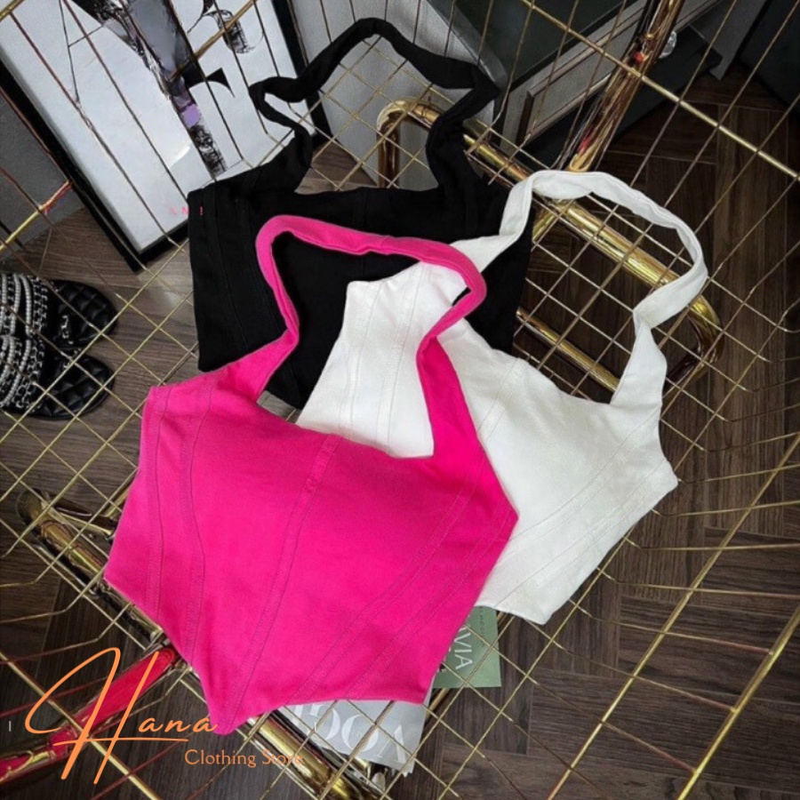🌸 Áo croptop kiểu yếm có mút nâng viền sọc nổi hở vai sexy đi chơi đi tiêc AA6