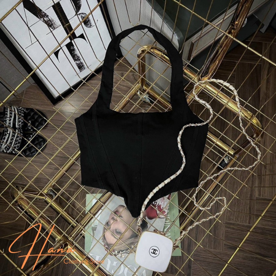 🌸 Áo croptop kiểu yếm có mút nâng viền sọc nổi hở vai sexy đi chơi đi tiêc AA6