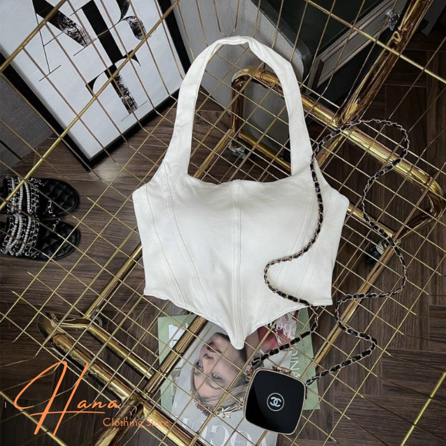 🌸 Áo croptop kiểu yếm có mút nâng viền sọc nổi hở vai sexy đi chơi đi tiêc AA6