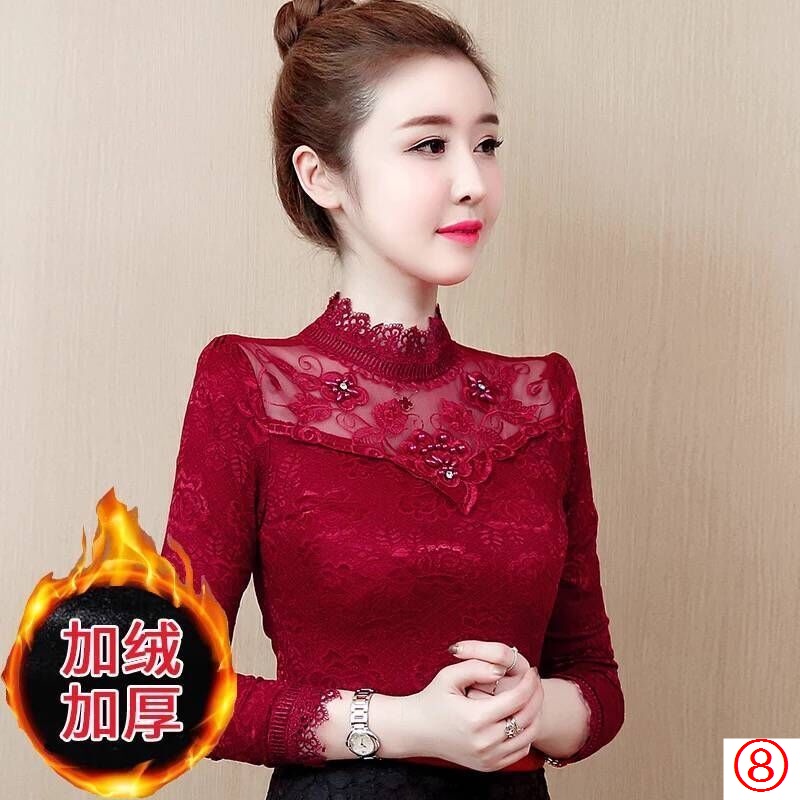 Áo Thun Tay Dài Cổ Cao Phối Ren Mỏng Phong Cách Hàn Quốc Thời Trang Thu Đông Kiểu Mới Cho Nữ