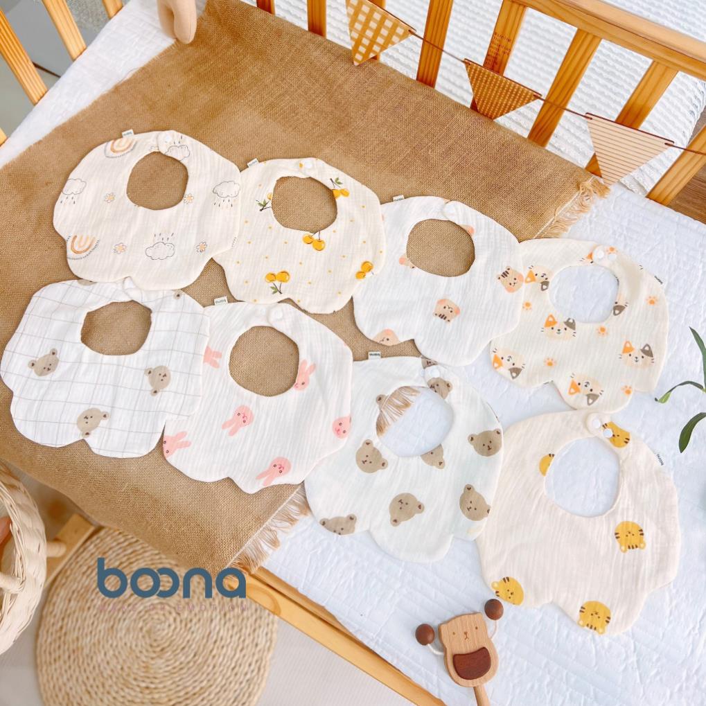 Yếm cho bé sơ sinh boona shop BECON Chất liệu vải muslin cao cấp, yếm cổ tròn cánh hoa