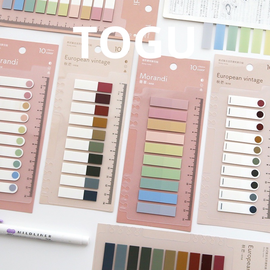 Giấy ghi chú label marker pastel TOGU giấy note phân trang kèm thước giấy note đánh dấu sách siêu dính.