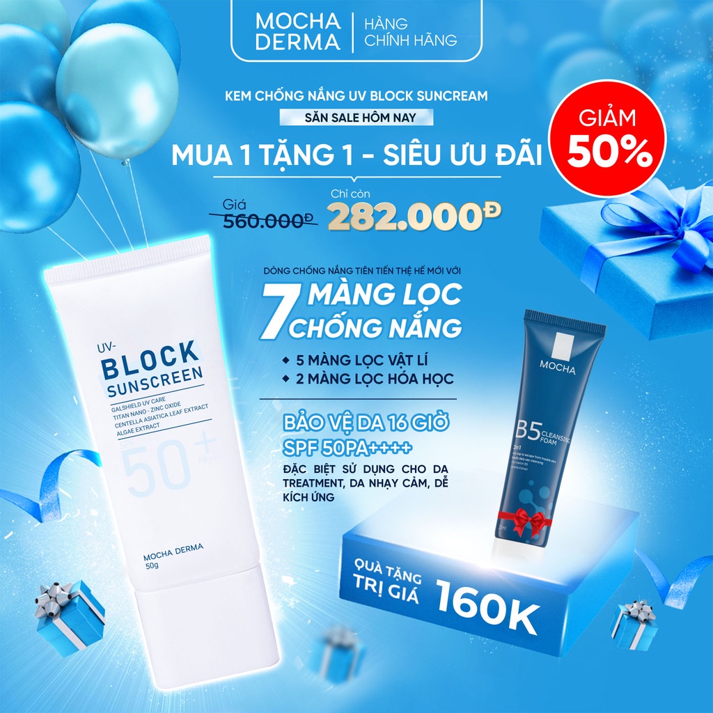 Kem Chống Nắng Mocha Derma SPF 50 PA+, Nâng Tone, Phục Hồi, Bảo Vệ Da Khỏi Tia UVA Và UVB 50g