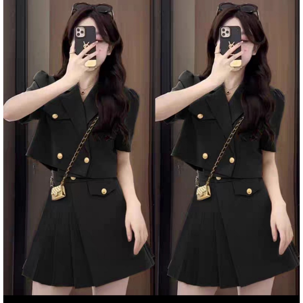 Set áo vest blazer mix chân váy dập li quảng châu xịn