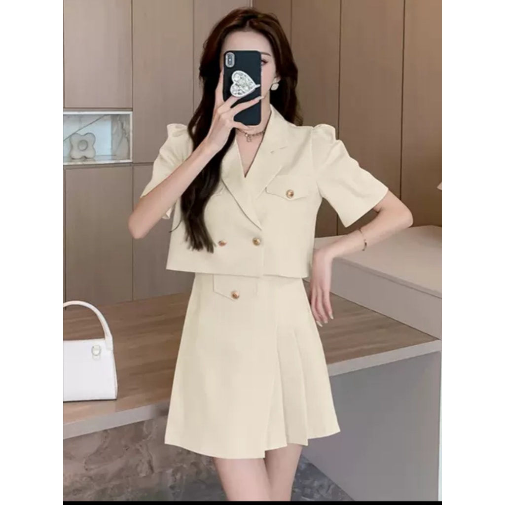 Set áo vest blazer mix chân váy dập li quảng châu xịn