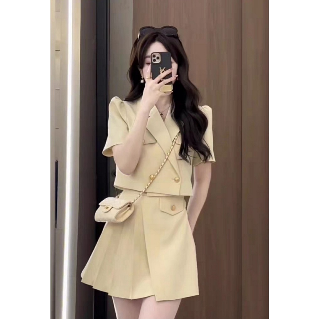 Set áo vest blazer mix chân váy dập li quảng châu xịn